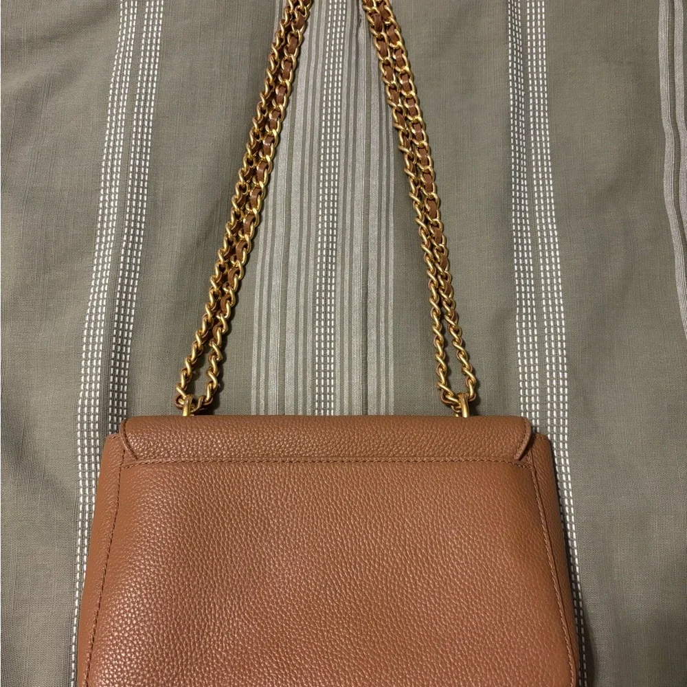 Tory Burch Tan Pebbled Leather Crossbody with Gold Chain